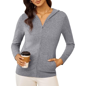 GRACE KARIN Women 100% Merino Wool Cardigan Sweater, Zip Up Hoodie Sweater(Gray)