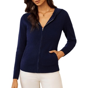 GRACE KARIN Women 100% Merino Wool Cardigan Sweater, Zip Up Hoodie Sweater(Navy Blue)