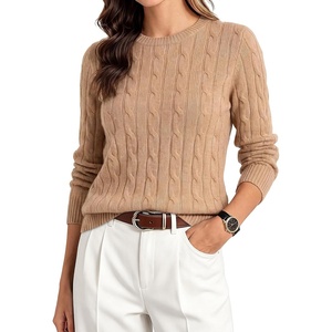 GRACE KARIN Women 100% Merino Wool Sweater Cable Long Sleeve Sweaters Crew Neck Casual Fall Fashion Clothes Outfits(Camel)