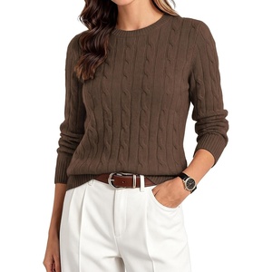 GRACE KARIN Women 100% Merino Wool Sweater Cable Long Sleeve Sweaters Crew Neck Casual Fall Fashion Clothes Outfits(Coffee)