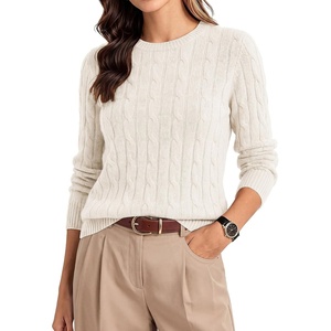 GRACE KARIN Women 100% Merino Wool Sweater Cable Long Sleeve Sweaters Crew Neck Casual Fall Fashion Clothes Outfits(White)