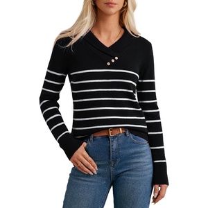 GRACE KARIN Women Fall Long Sleeve V Neck Collar Knit Pullover Sweaters(Black White Striped)