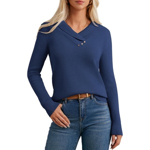 GRACE KARIN Women Fall Long Sleeve V Neck Collar Knit Pullover Sweaters(Deep Blue)