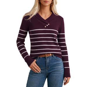 GRACE KARIN Women Fall Long Sleeve V Neck Collar Knit Pullover Sweaters(Wine Red White Striped)