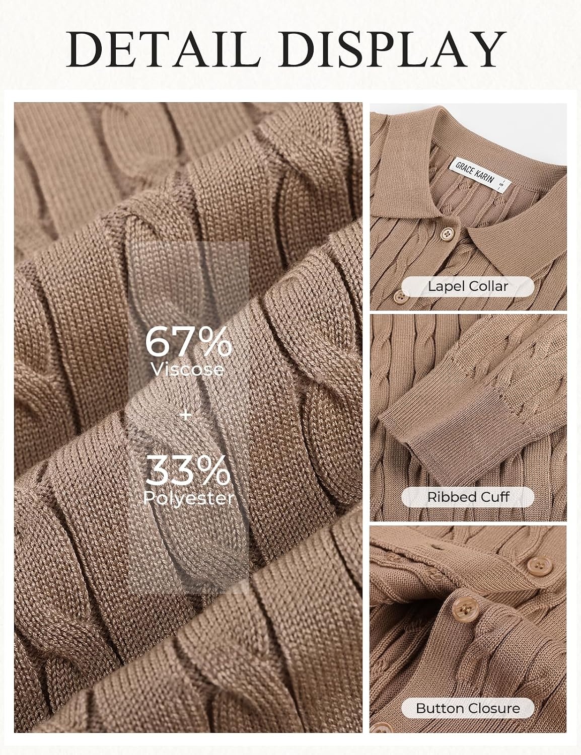 image:imageGRACE KARIN Cardigan for Women Trendy Cable Knit Sweaters 2026 Fall ClothesDark Camel