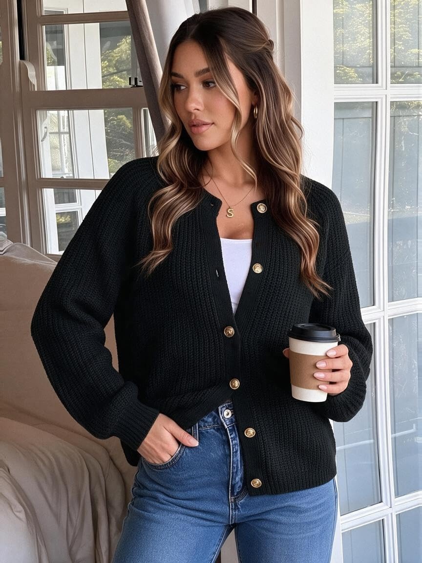image:imageGRACE KARIN Lantern Long Sleeve Sweaters for Women Fitted Chunky CardiganBlack