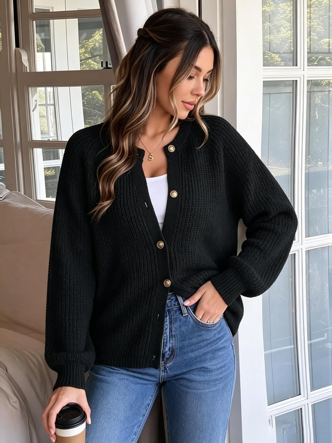 image:imageGRACE KARIN Lantern Long Sleeve Sweaters for Women Fitted Chunky CardiganBlack
