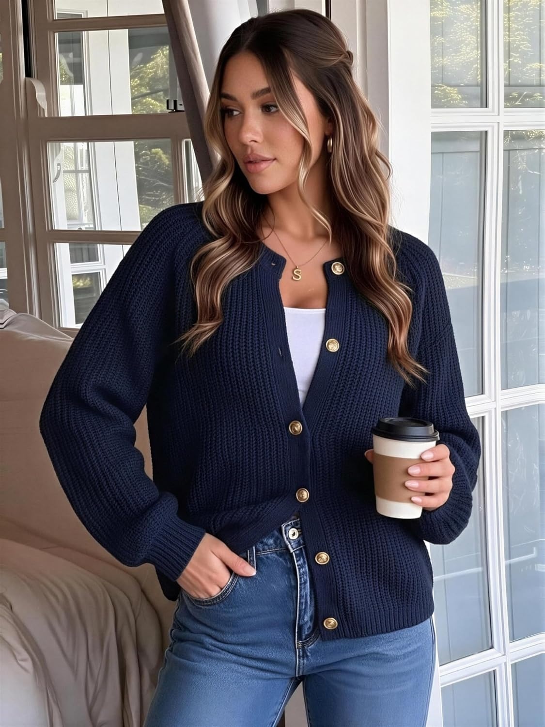 image:imageGRACE KARIN Lantern Long Sleeve Sweaters for Women Fitted Chunky CardiganNavy Blue