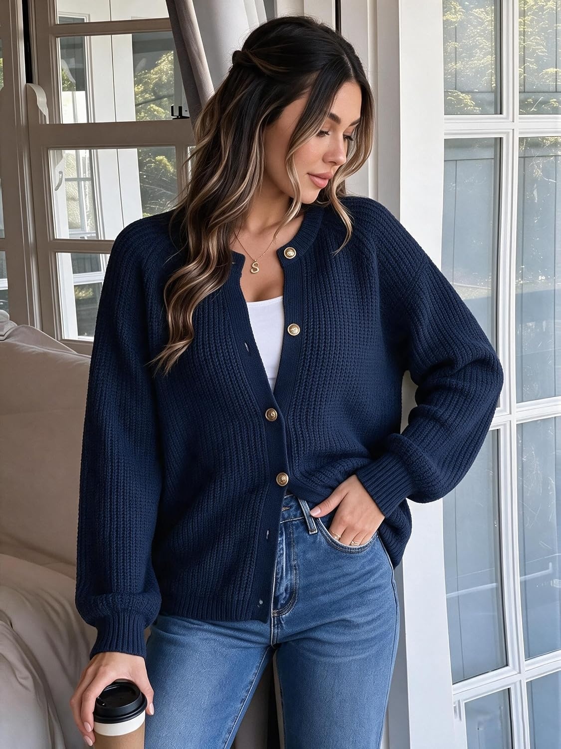 image:imageGRACE KARIN Lantern Long Sleeve Sweaters for Women Fitted Chunky CardiganNavy Blue