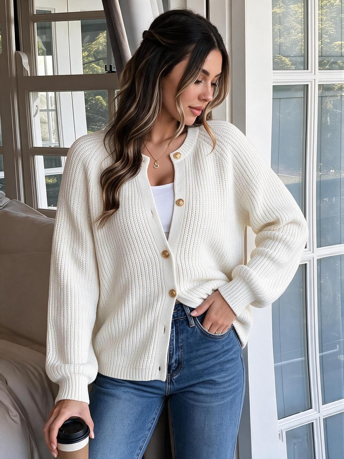 image:imageGRACE KARIN Lantern Long Sleeve Sweaters for Women Fitted Chunky CardiganWhite