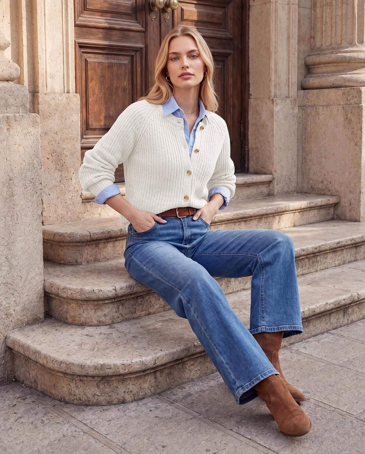 image:imageGRACE KARIN Lantern Long Sleeve Sweaters for Women Fitted Chunky CardiganWhite