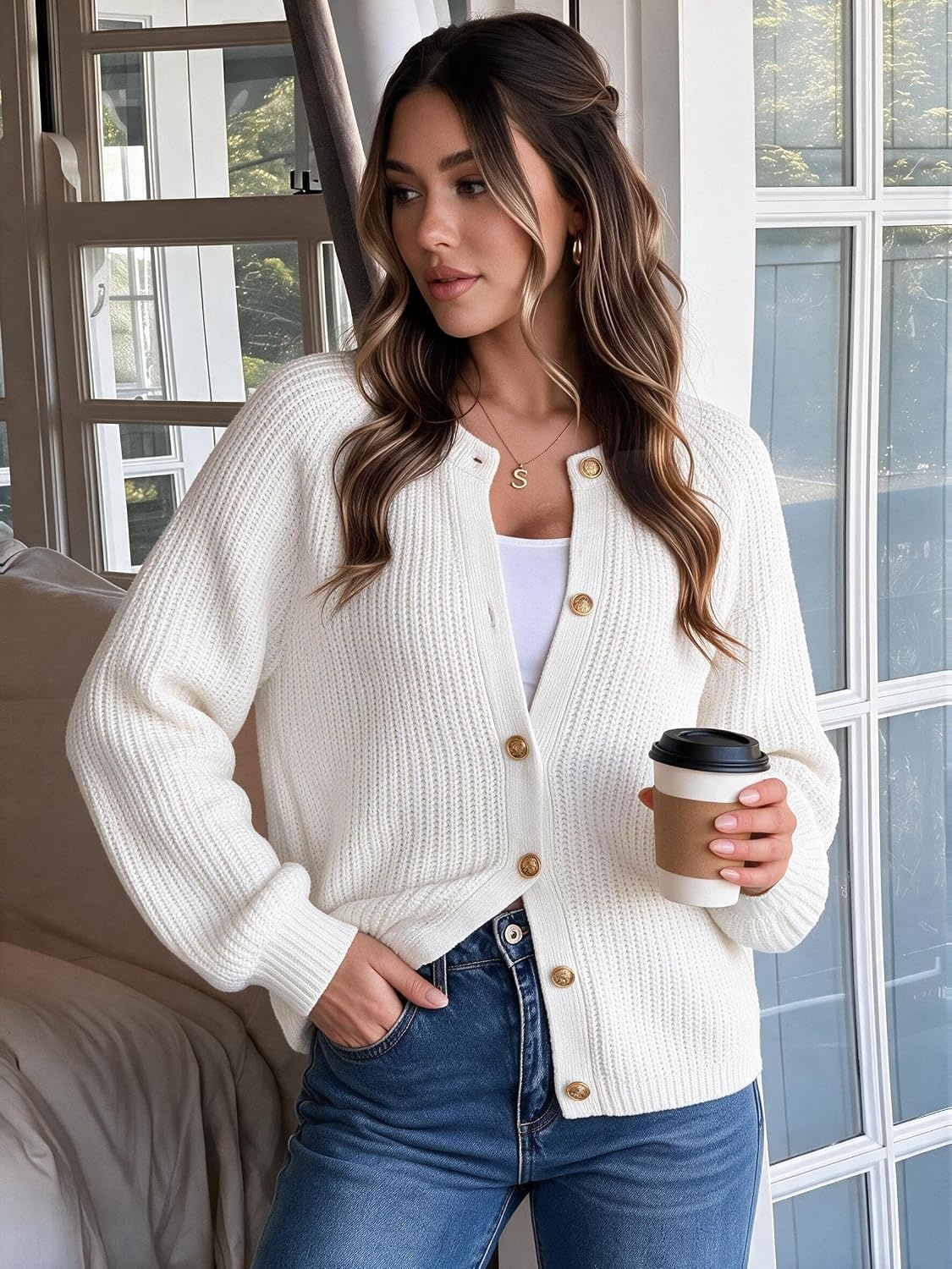 image:imageGRACE KARIN Lantern Long Sleeve Sweaters for Women Fitted Chunky CardiganWhite