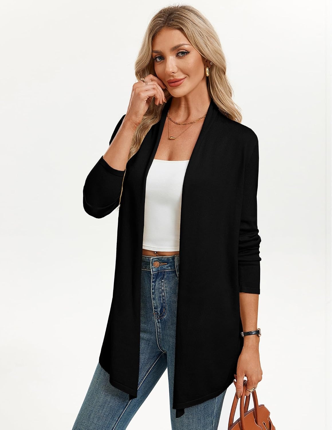 image:imageGRACE KARIN Long Cardigans for Women Lightweight Open Front Draped SweatersBlack