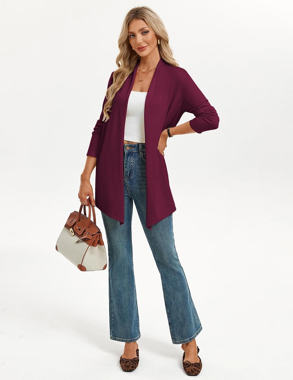 image:imageGRACE KARIN Long Cardigans for Women Lightweight Open Front Draped SweatersBurgundy