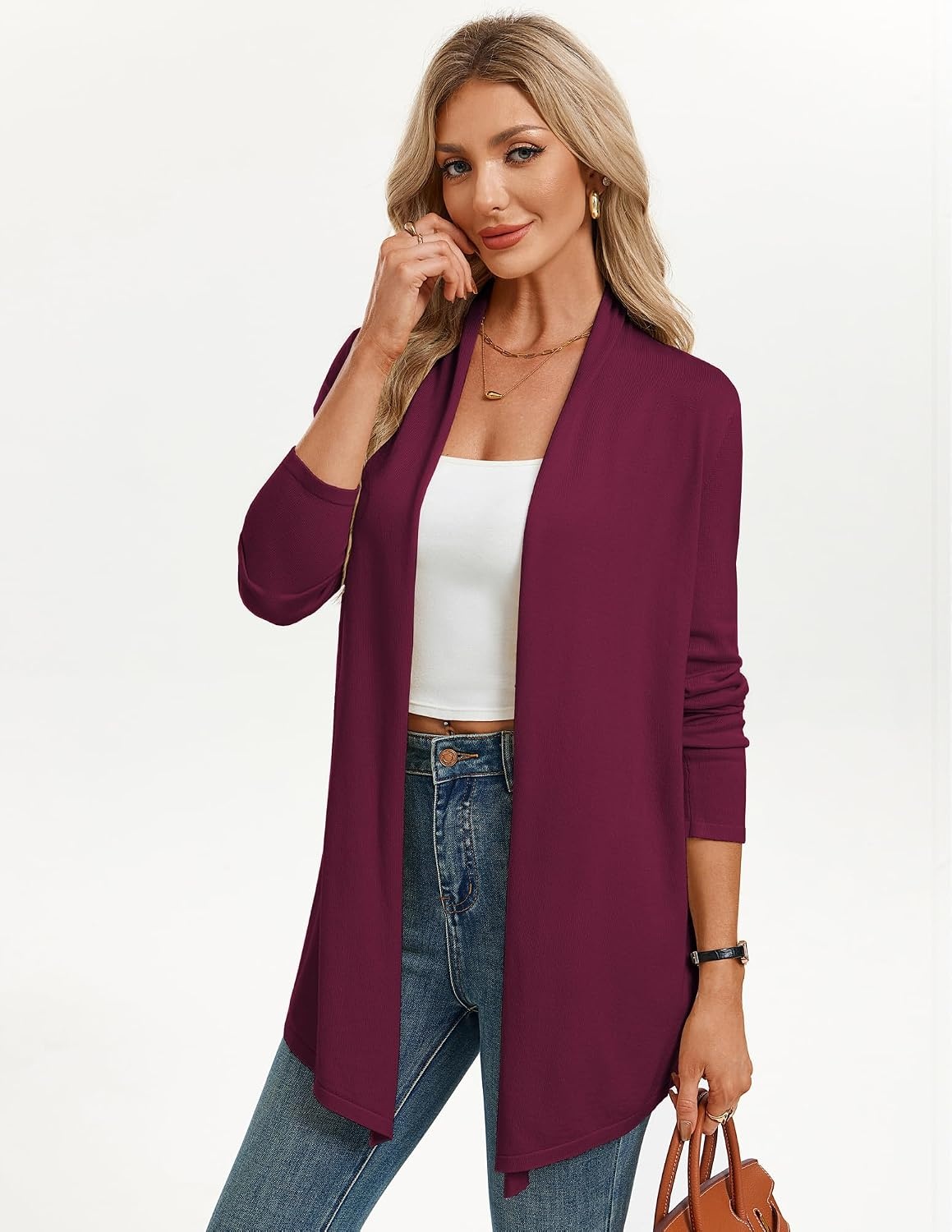 image:imageGRACE KARIN Long Cardigans for Women Lightweight Open Front Draped SweatersBurgundy