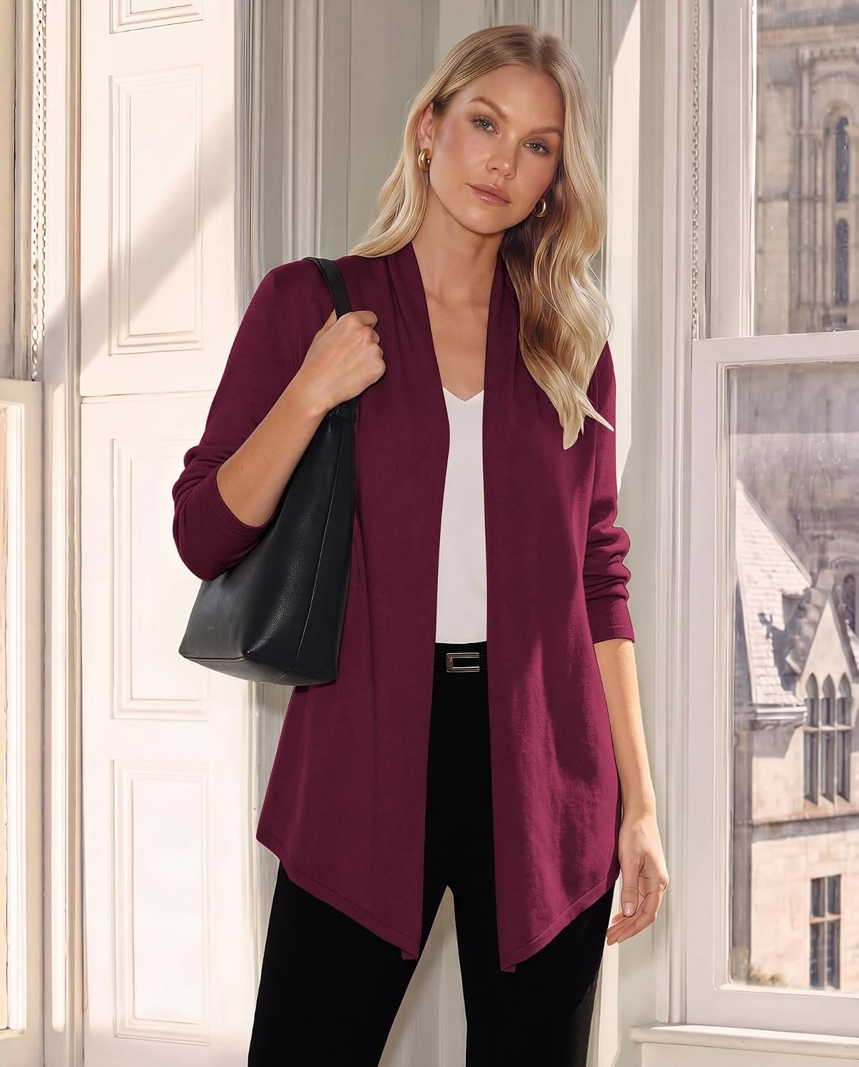 image:imageGRACE KARIN Long Cardigans for Women Lightweight Open Front Draped SweatersBurgundy