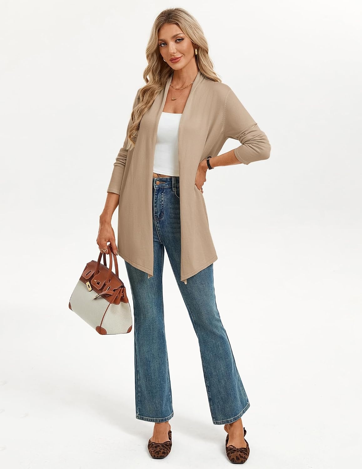 image:imageGRACE KARIN Long Cardigans for Women Lightweight Open Front Draped SweatersCamel