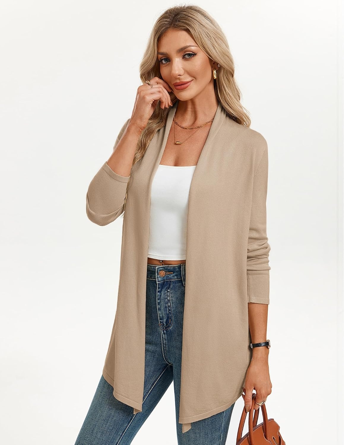 image:imageGRACE KARIN Long Cardigans for Women Lightweight Open Front Draped SweatersCamel