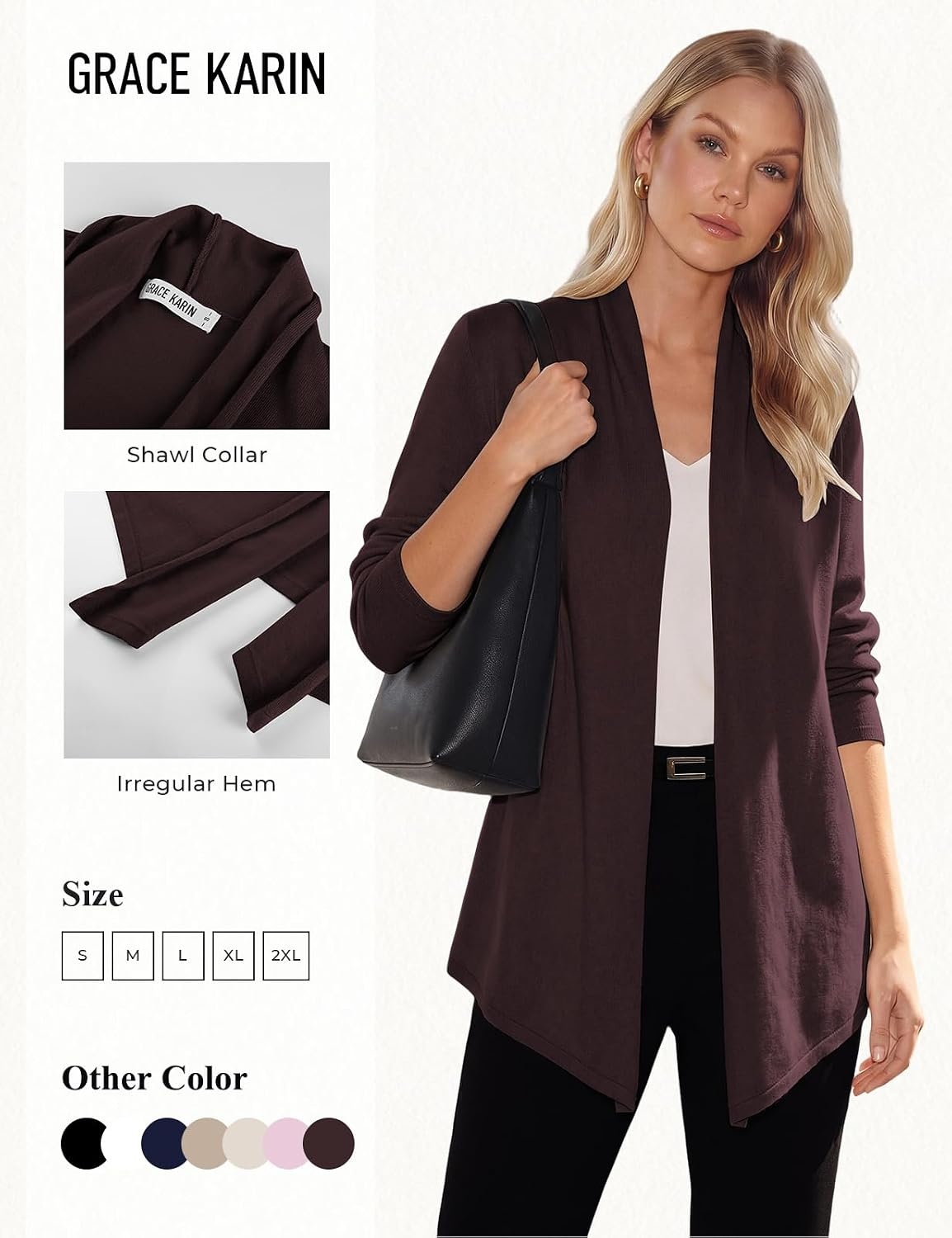 image:imageGRACE KARIN Long Cardigans for Women Lightweight Open Front Draped SweatersCoffee