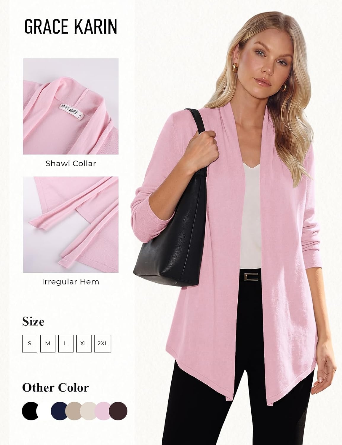 image:imageGRACE KARIN Long Cardigans for Women Lightweight Open Front Draped SweatersLight Pink