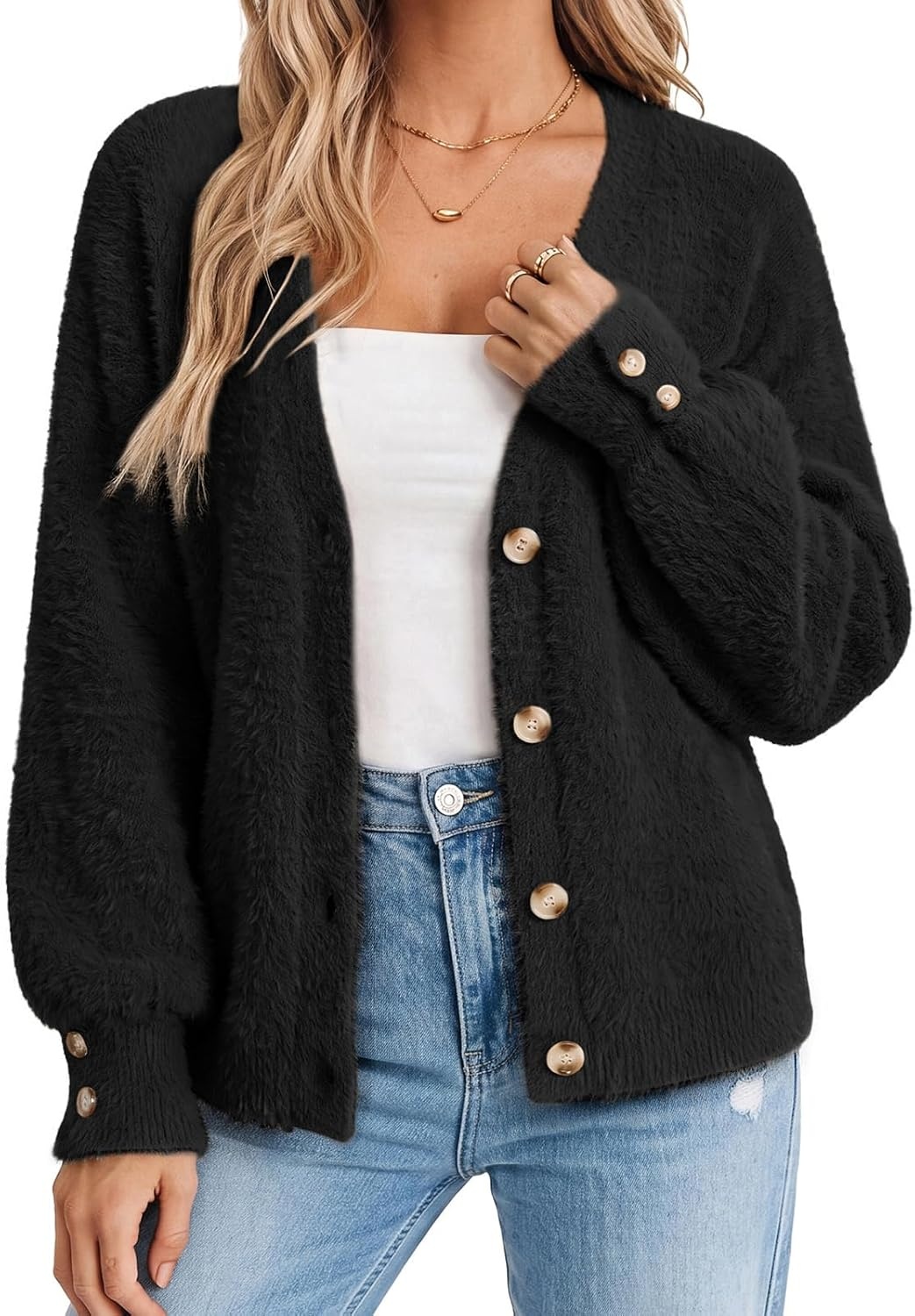image:imageGRACE KARIN Women Fuzzy Cardigan Sweaters Chunky Wool Blend Fall CardiganBlack