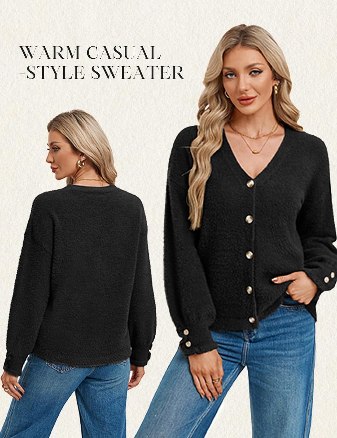 image:imageGRACE KARIN Women Fuzzy Cardigan Sweaters Chunky Wool Blend Fall CardiganBlack