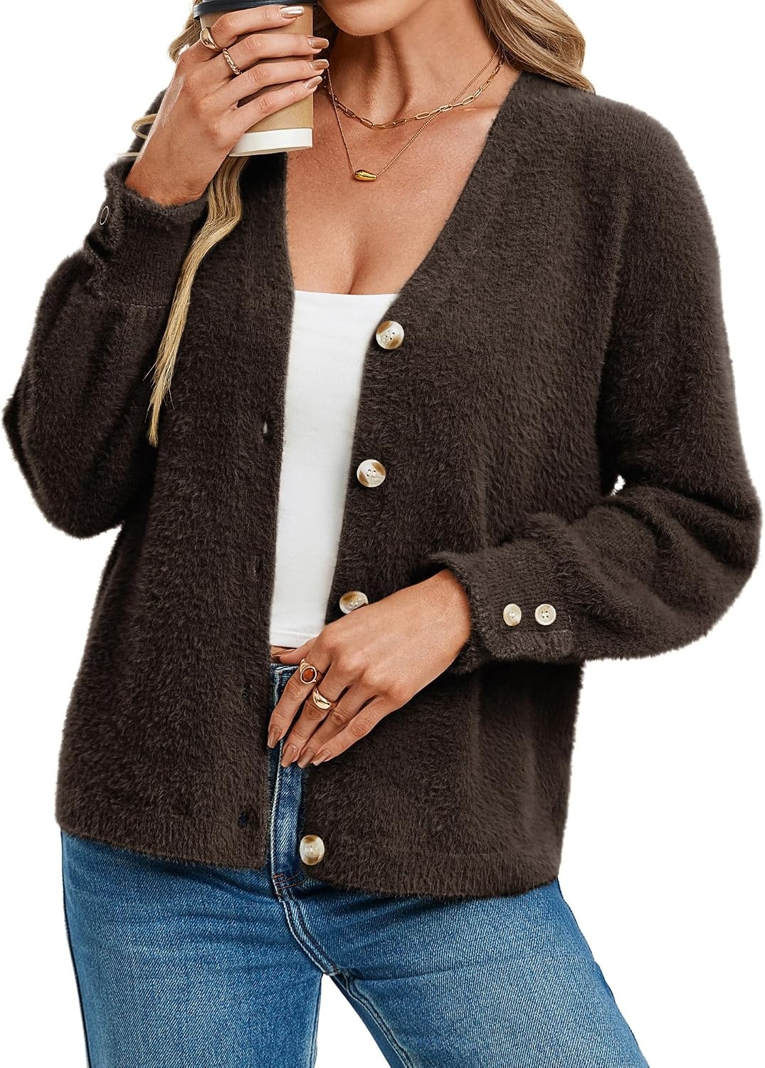 image:imageGRACE KARIN Women Fuzzy Cardigan Sweaters Chunky Wool Blend Fall CardiganCoffee
