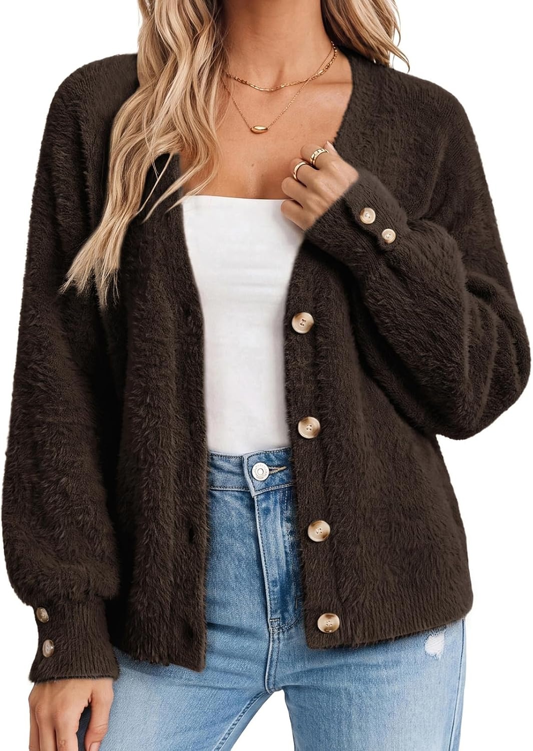 image:imageGRACE KARIN Women Fuzzy Cardigan Sweaters Chunky Wool Blend Fall CardiganCoffee
