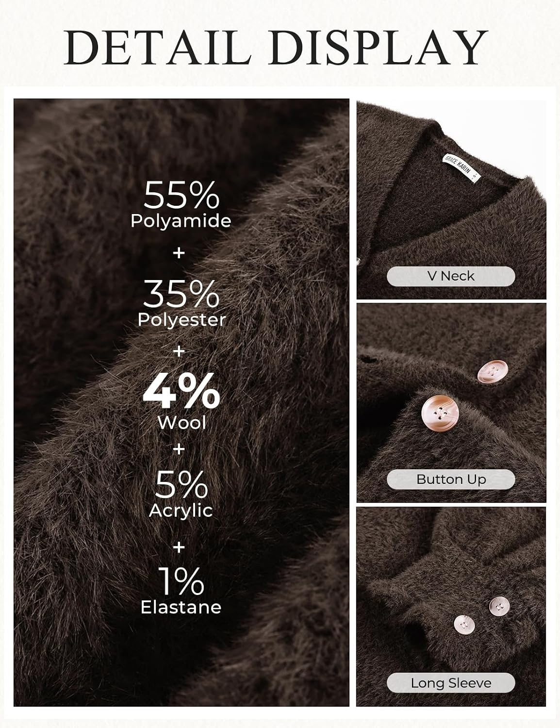 image:imageGRACE KARIN Women Fuzzy Cardigan Sweaters Chunky Wool Blend Fall CardiganCoffee