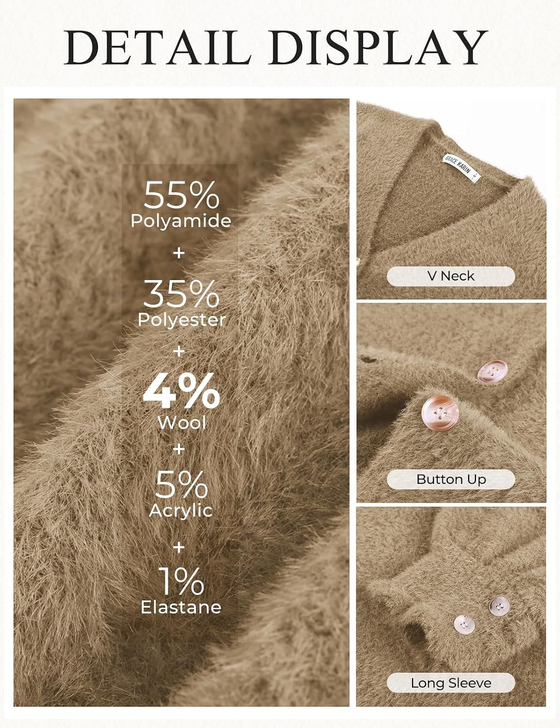 image:imageGRACE KARIN Women Fuzzy Cardigan Sweaters Chunky Wool Blend Fall CardiganKhaki