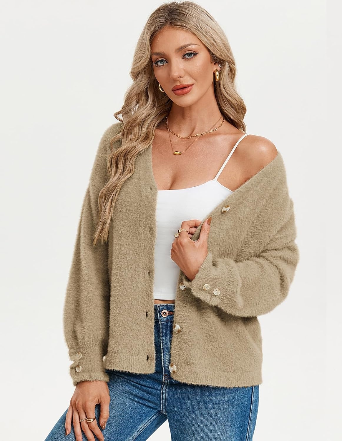 image:imageGRACE KARIN Women Fuzzy Cardigan Sweaters Chunky Wool Blend Fall CardiganKhaki