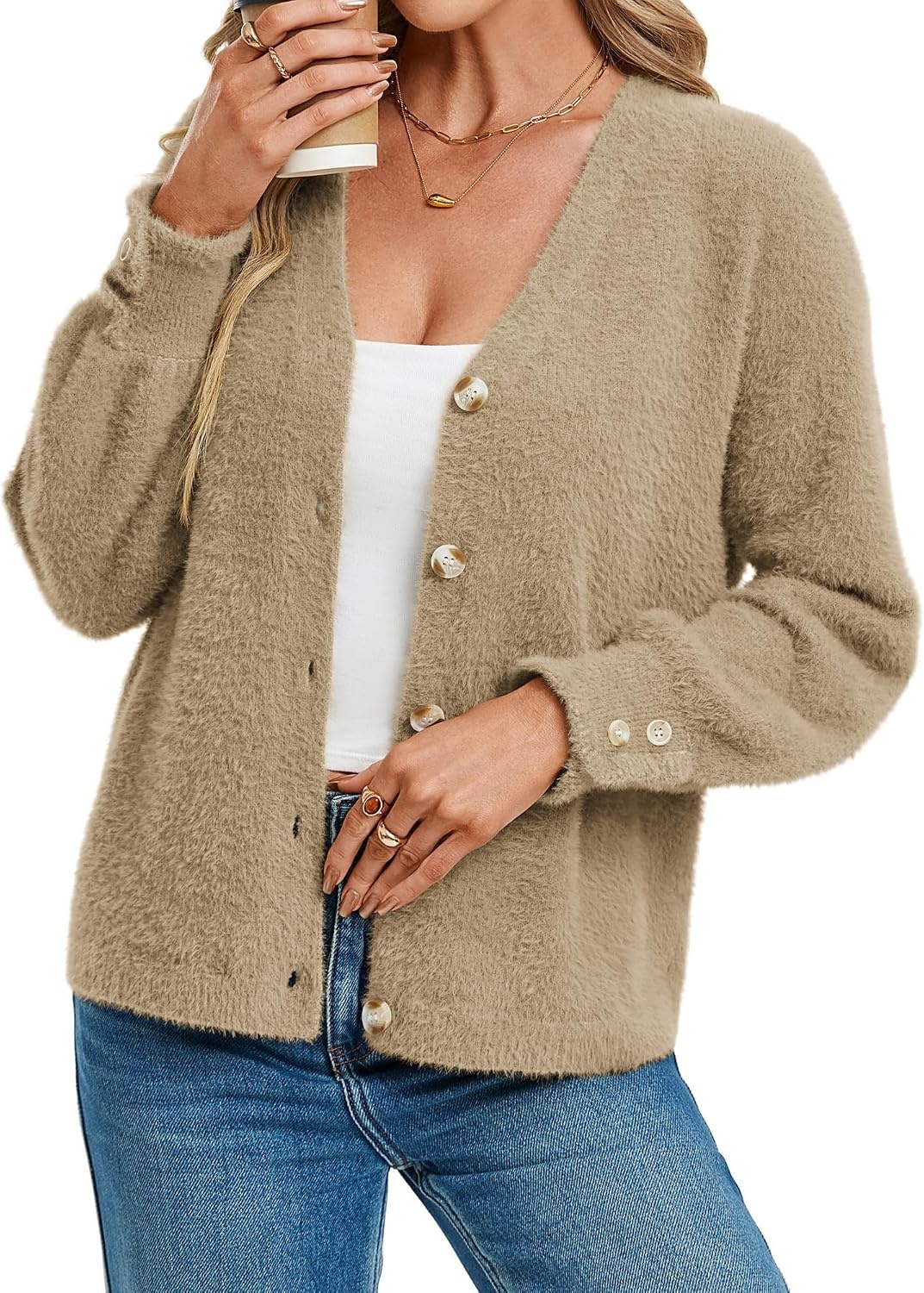 image:imageGRACE KARIN Women Fuzzy Cardigan Sweaters Chunky Wool Blend Fall CardiganKhaki