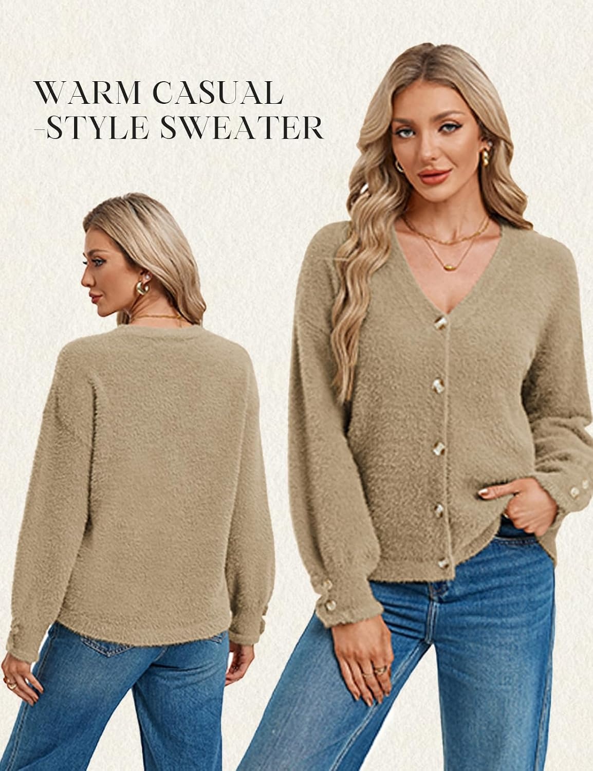 image:imageGRACE KARIN Women Fuzzy Cardigan Sweaters Chunky Wool Blend Fall CardiganKhaki