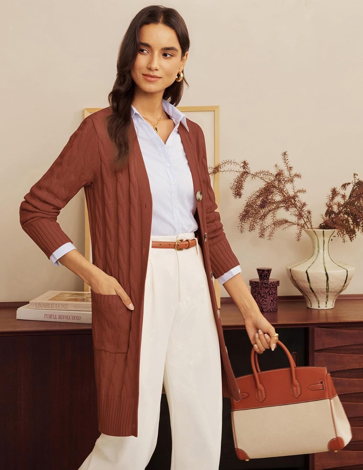 image:imageGRACE KARIN Womens Cable Knit Sweater Button Long Chunky CardiganBrick Red