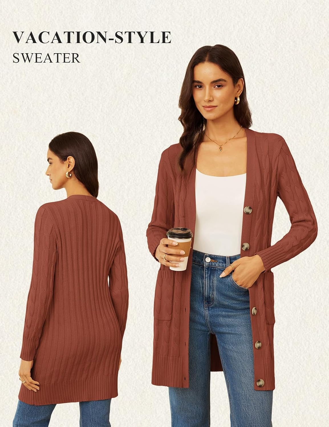 image:imageGRACE KARIN Womens Cable Knit Sweater Button Long Chunky CardiganBrick Red