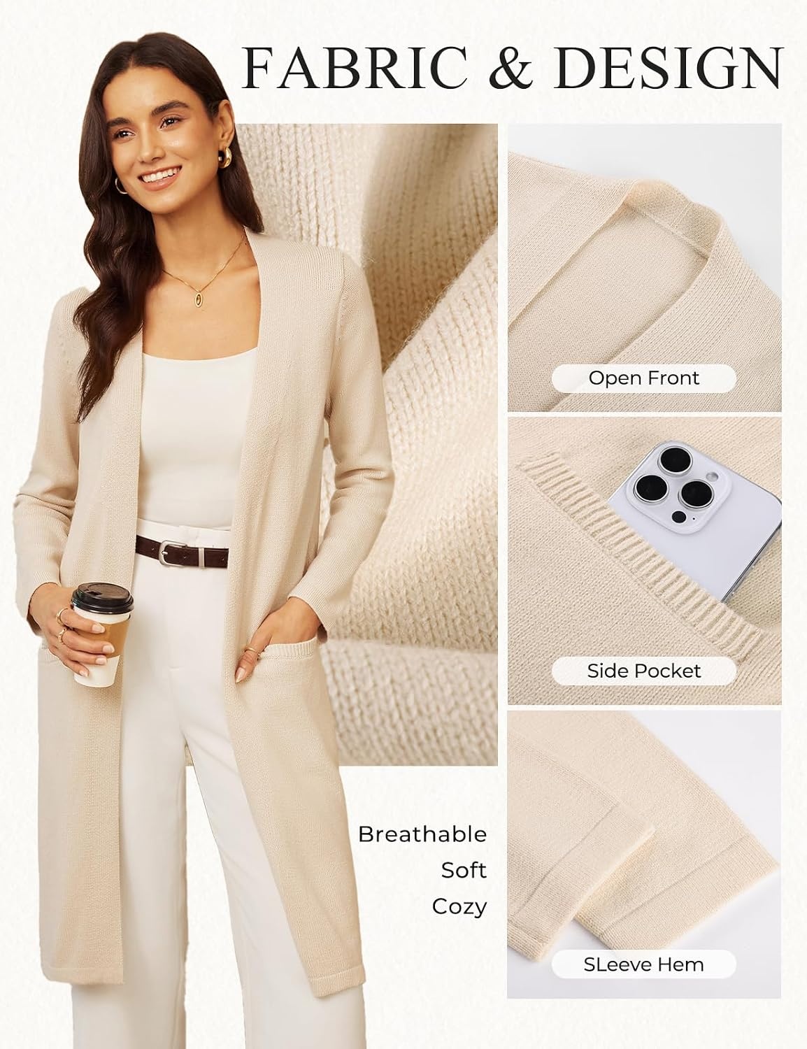 image:imageGRACE KARIN Womens Long Cardigan Sweater Open Front Casual Knit Duster Coat Fall Fashion Clothes with PocketsBeige