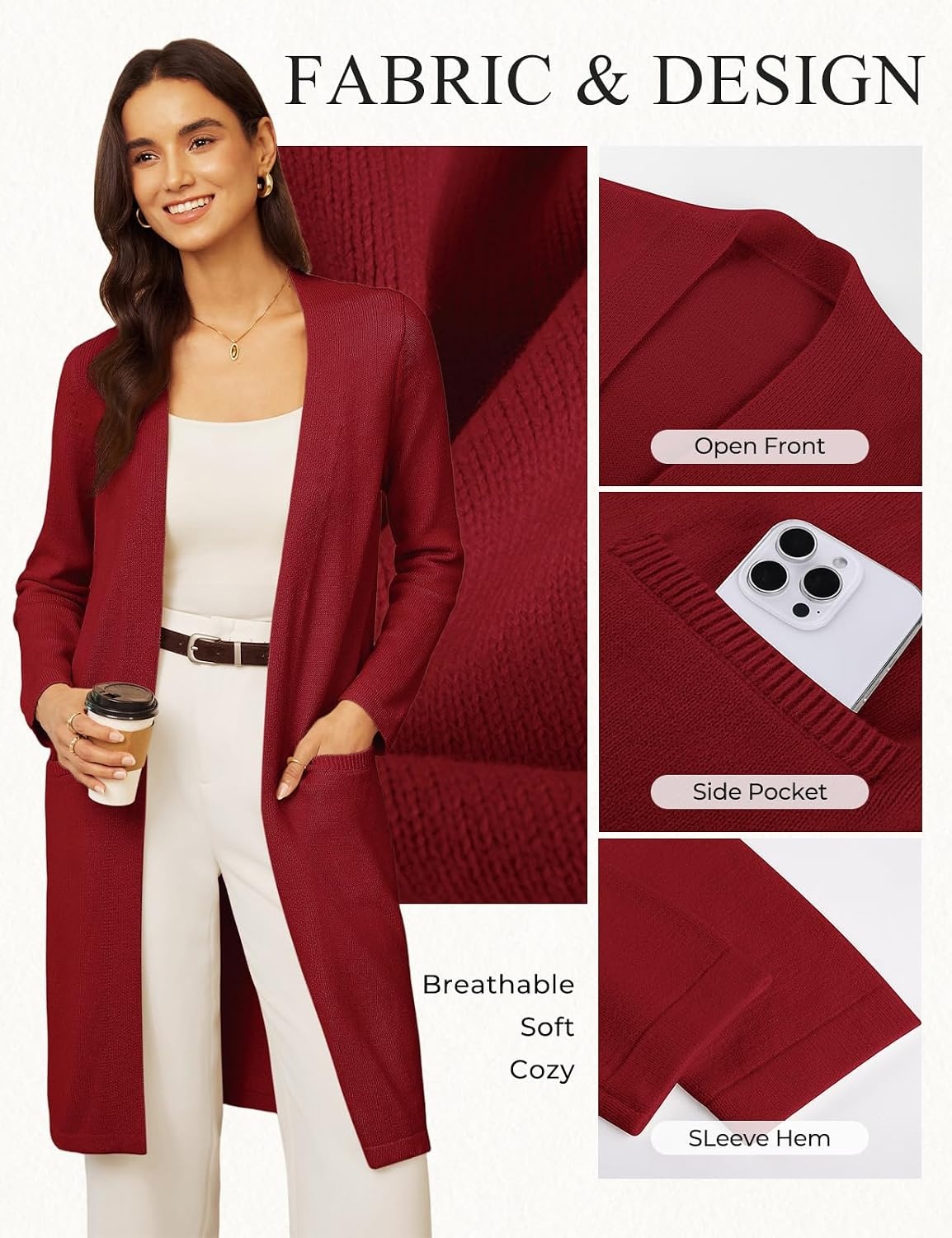 image:imageGRACE KARIN Womens Long Cardigan Sweater Open Front Casual Knit Duster Coat Fall Fashion Clothes with PocketsDark Red