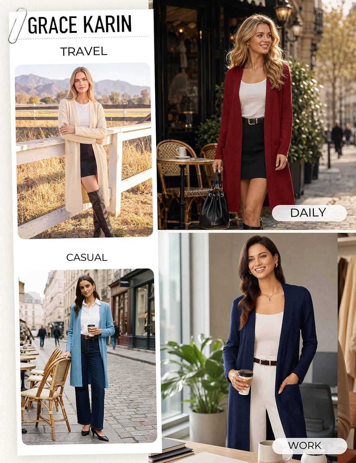 image:imageGRACE KARIN Womens Long Cardigan Sweater Open Front Casual Knit Duster Coat Fall Fashion Clothes with PocketsDark Red