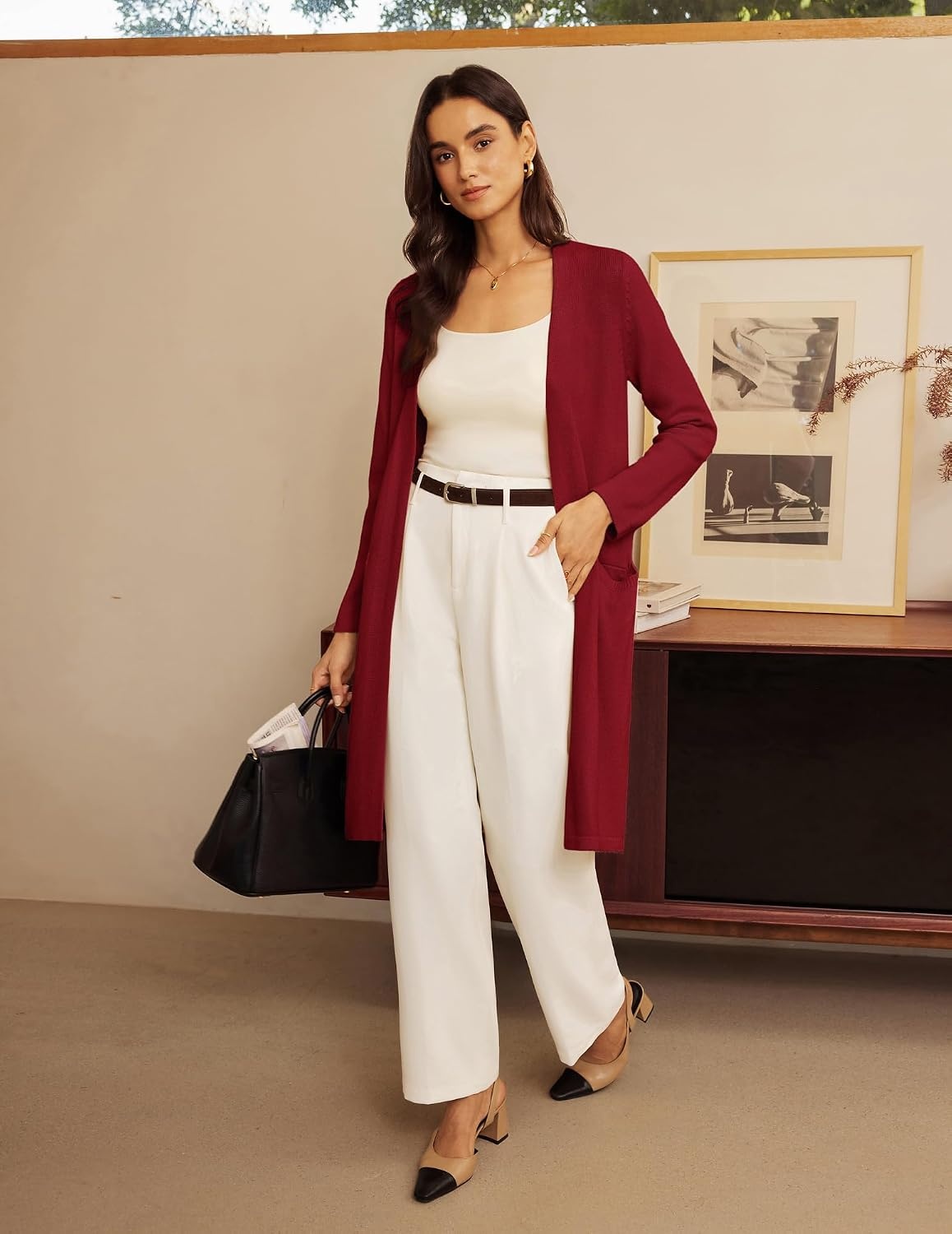 image:imageGRACE KARIN Womens Long Cardigan Sweater Open Front Casual Knit Duster Coat Fall Fashion Clothes with PocketsDark Red
