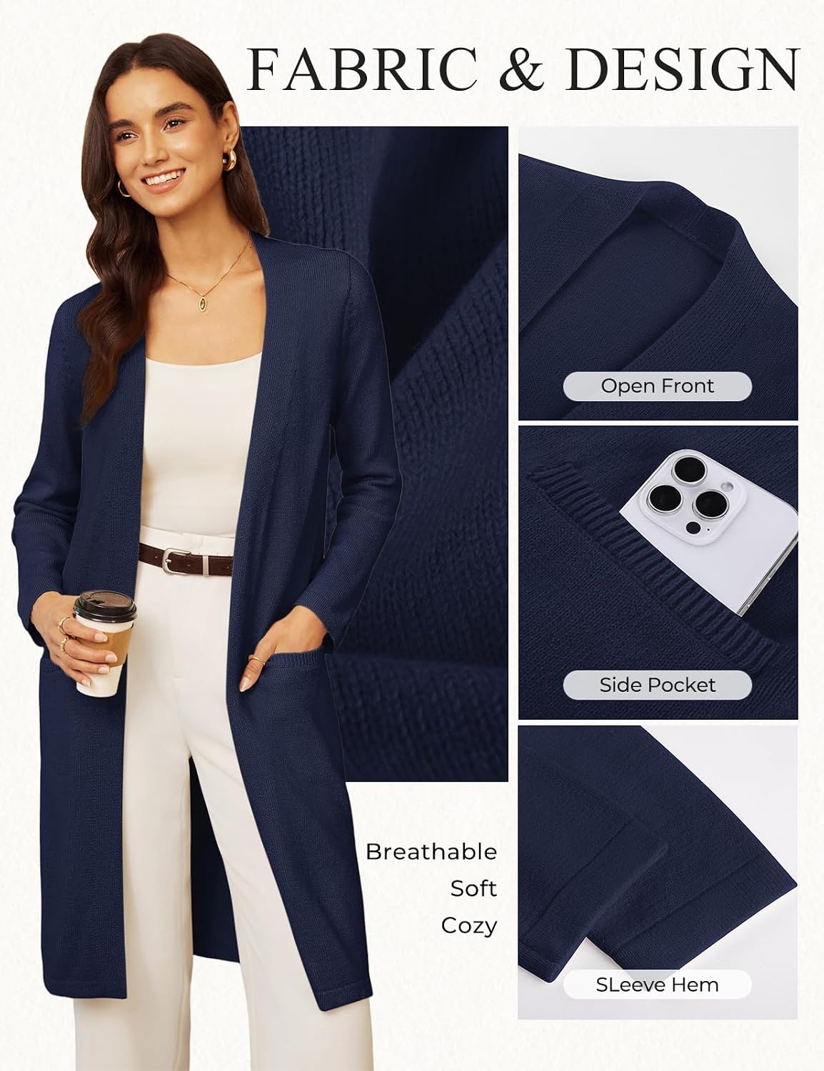 image:imageGRACE KARIN Womens Long Cardigan Sweater Open Front Casual Knit Duster Coat Fall Fashion Clothes with PocketsNavy Blue