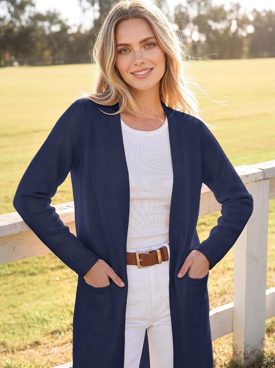 image:imageGRACE KARIN Womens Long Cardigan Sweater Open Front Casual Knit Duster Coat Fall Fashion Clothes with PocketsNavy Blue