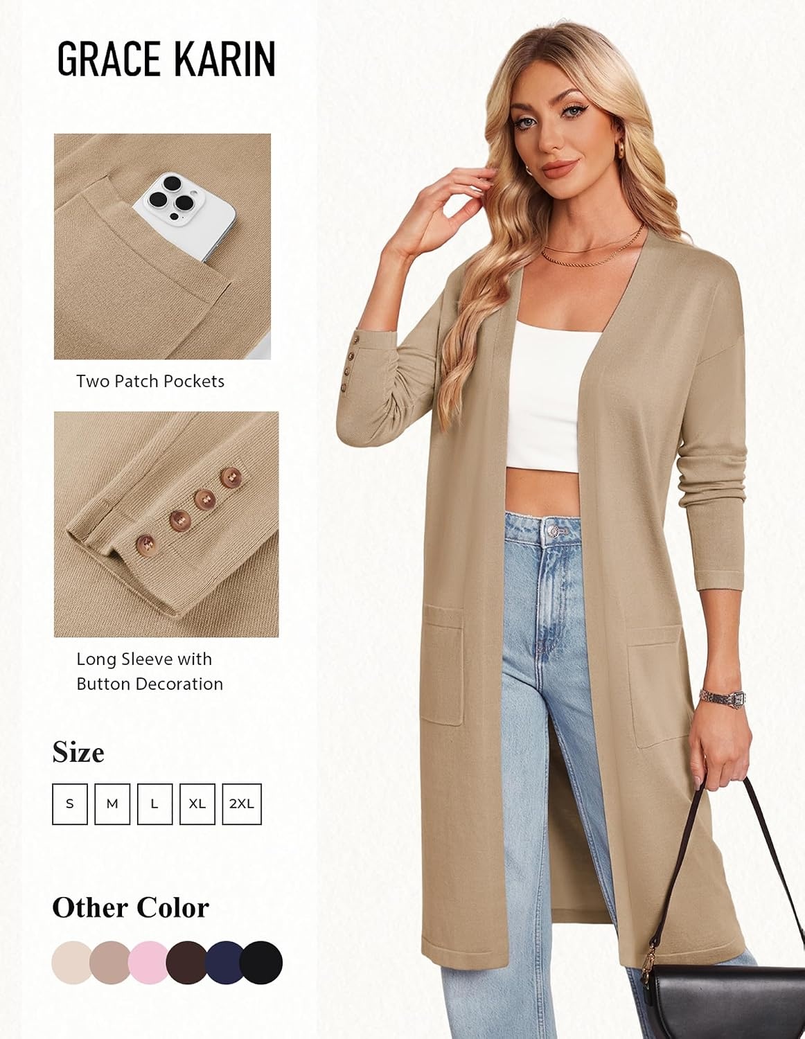image:imageGRACE KARIN Womens Long Cardigan Sweaters Lightweight Open Front Maxi Cardigans for Women Fall Fashion Outfits 2026Khaki