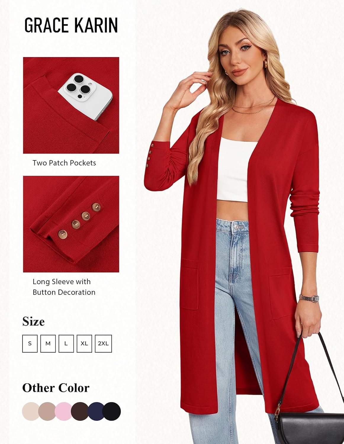 image:imageGRACE KARIN Womens Long Cardigan Sweaters Lightweight Open Front Maxi Cardigans for Women Fall Fashion Outfits 2026Red