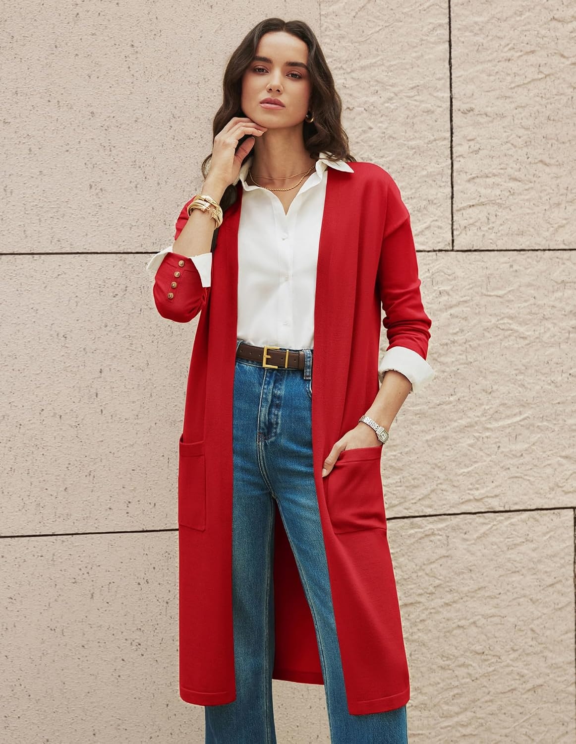 image:imageGRACE KARIN Womens Long Cardigan Sweaters Lightweight Open Front Maxi Cardigans for Women Fall Fashion Outfits 2026Red