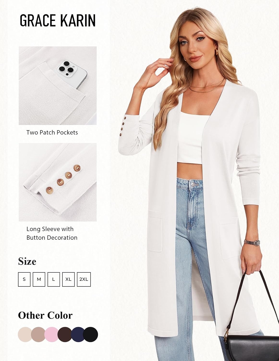 image:imageGRACE KARIN Womens Long Cardigan Sweaters Lightweight Open Front Maxi Cardigans for Women Fall Fashion Outfits 2026White