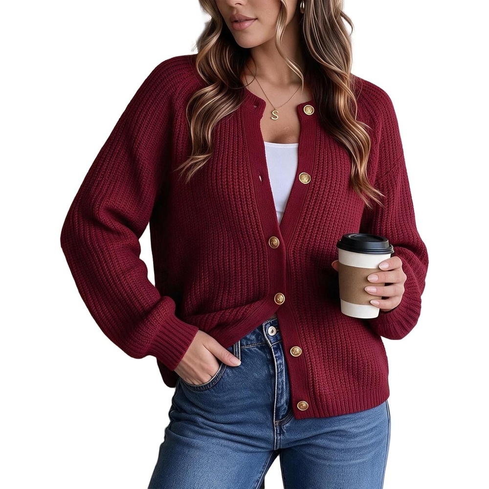 image:imageGRACE KARIN Lantern Long Sleeve Sweaters for Women Fitted Chunky CardiganBurgundy