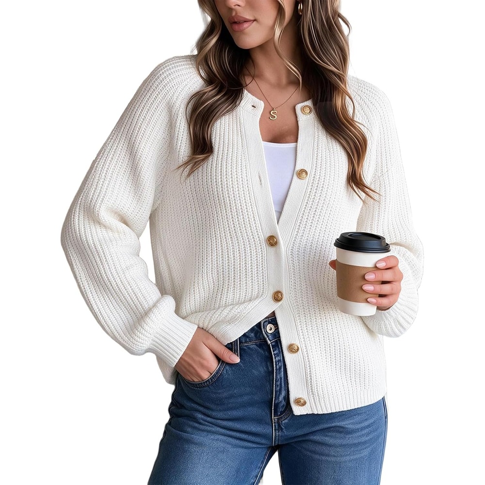 image:imageGRACE KARIN Lantern Long Sleeve Sweaters for Women Fitted Chunky CardiganWhite