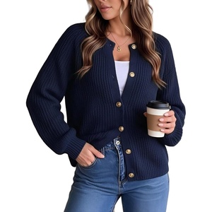 GRACE KARIN Lantern Long Sleeve Sweaters for Women Fitted Chunky Cardigan(Navy Blue)