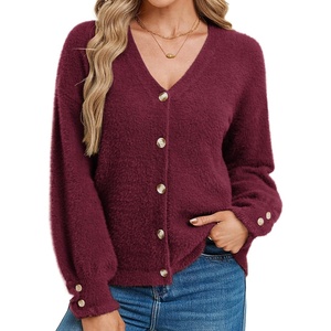 GRACE KARIN Women Fuzzy Cardigan Sweaters, Chunky Wool Blend Fall Cardigan(Wine Red)