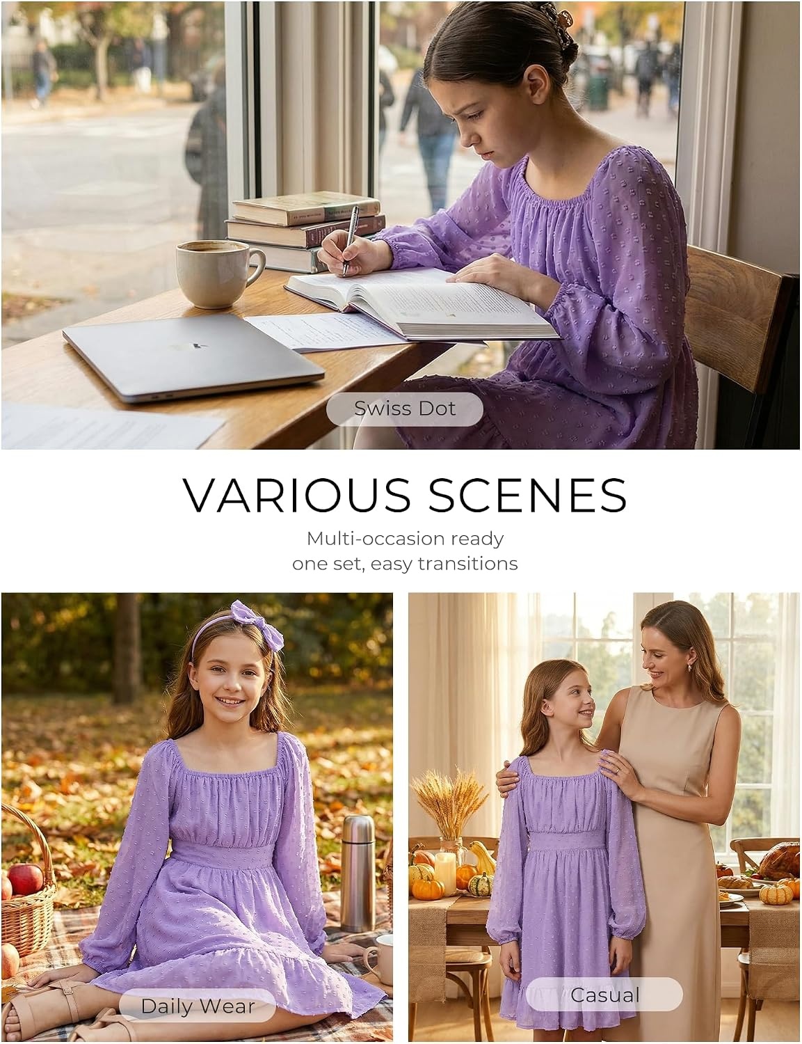 image:imageGRACE KARIN Girls Fall Winter Dress Long Sleeve Casual Party Outfit 614Purple